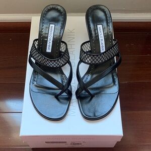 Manolo Blahnik Sulna Black Mesh & Leather Strappy Heels